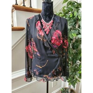 Ile Women's Black Floral 100% Silk Ruffle V-Neck Long Sleeve Casual Top Size L